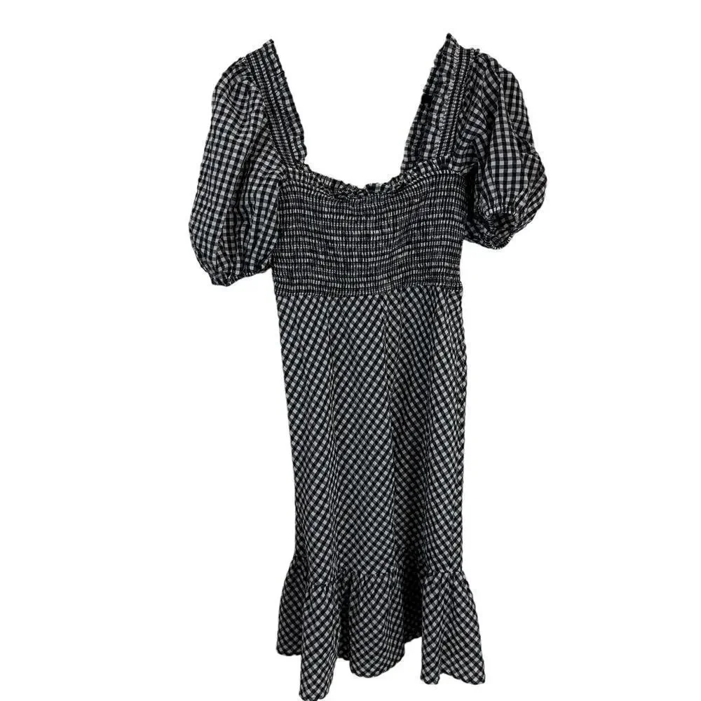 Ganni Gingham Check Seersucker Square Neck Puff Sleeve Dress Black White 12/44
